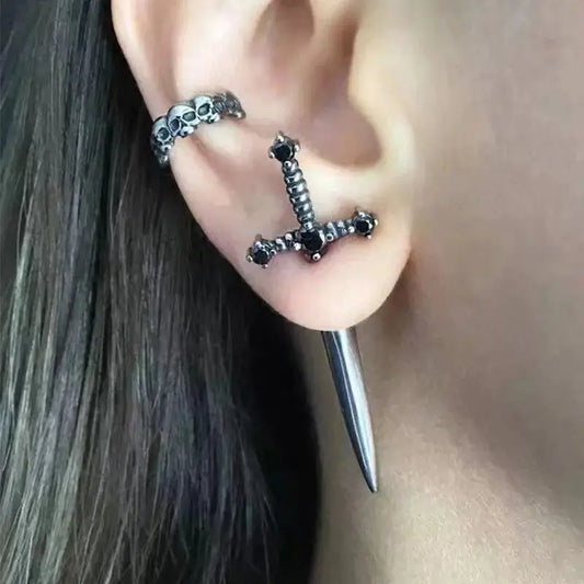 New Gothic Kinitial Sword Earrings Vintage Cool Punk Crystal Ear Jacket Goth Dagger Earrings Jewelry Gift For Women